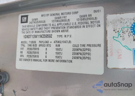 2001 Chevrolet Blazer Lt from USA, damaged, VIN 1GNDT13W11K259592